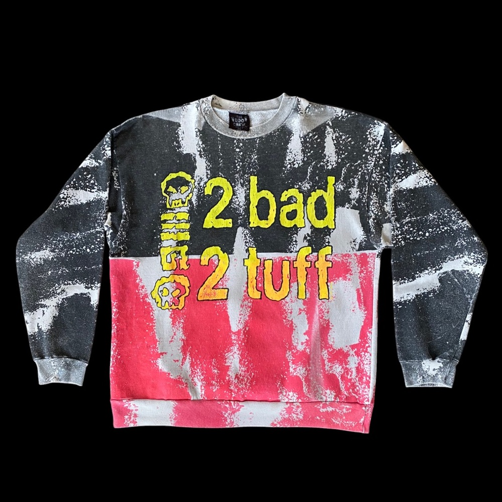 VTG 80s Zoo Crew 2 bad 2 tuff Punk AOP Crewneck Black Pink Youth Sz L Adult XS/S